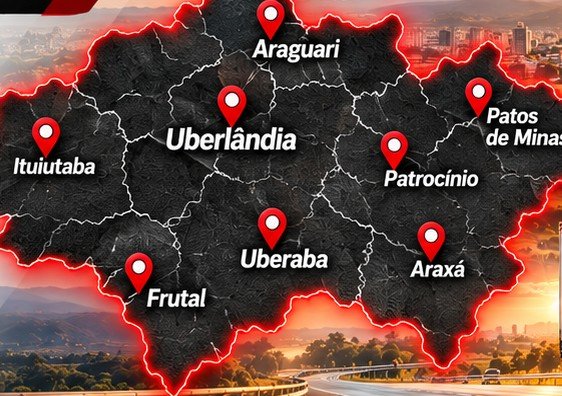 Mapa do Triângulo Mineiro com as cidades atendidas